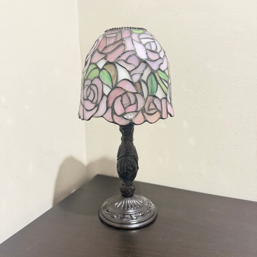 PartyLite Stained Glass Pink "Rose Water" Candle Holder Tiffany Style Lamp Base